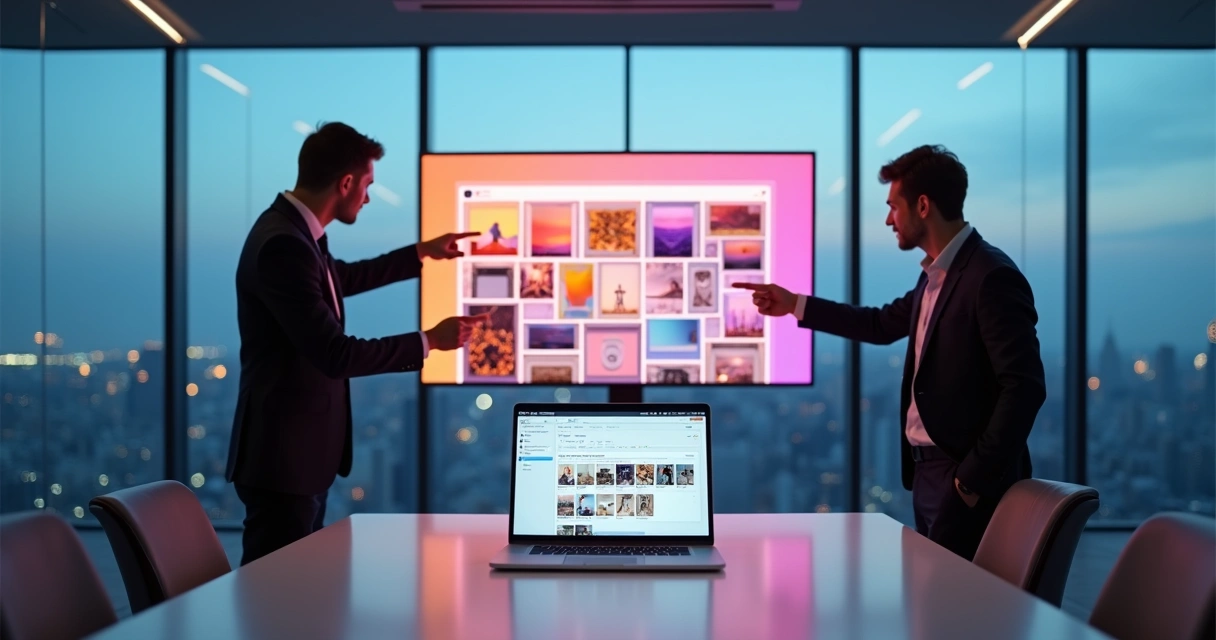 Sala de reunião moderna com TV exibindo postagens do Instagram 