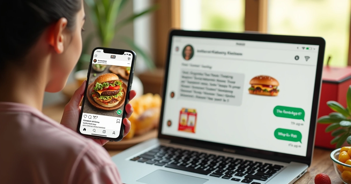 Influenciador usando celular para divulgar delivery no Instagram e WhatsApp 