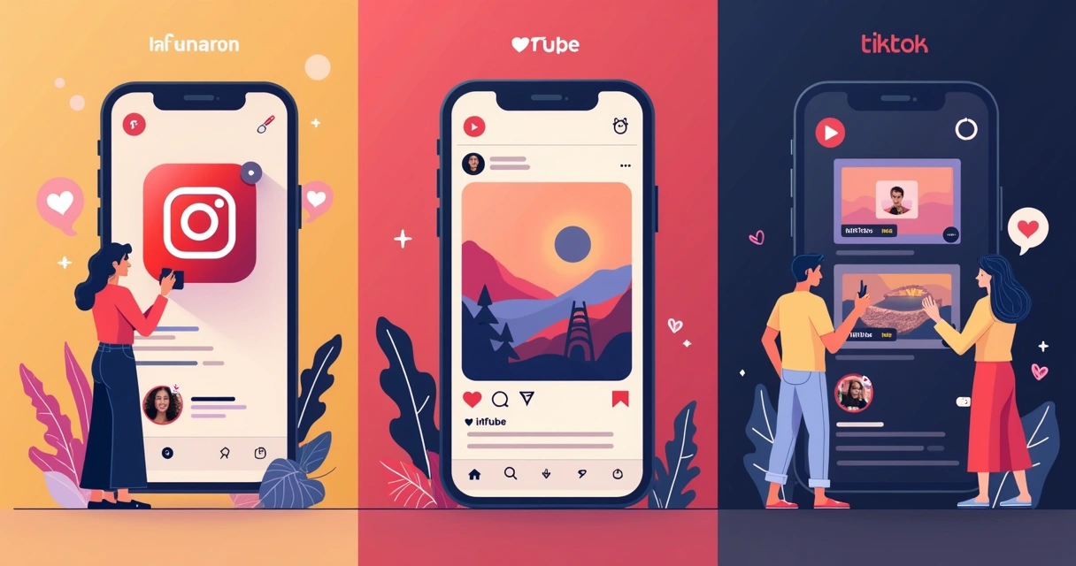 Montagem de interfaces do Instagram, YouTube e TikTok com influenciadores digitalizando conteúdo e interagindo 