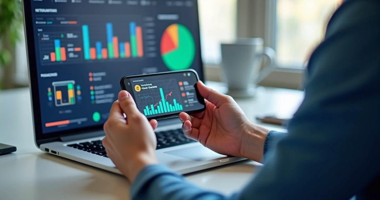 Instagrammer usando smartphone com gráficos de engajamento e marca ao fundo 