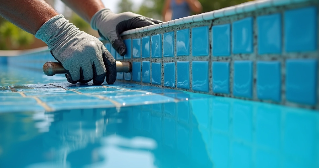 Profissional instalando acabamento em piscina residencial 