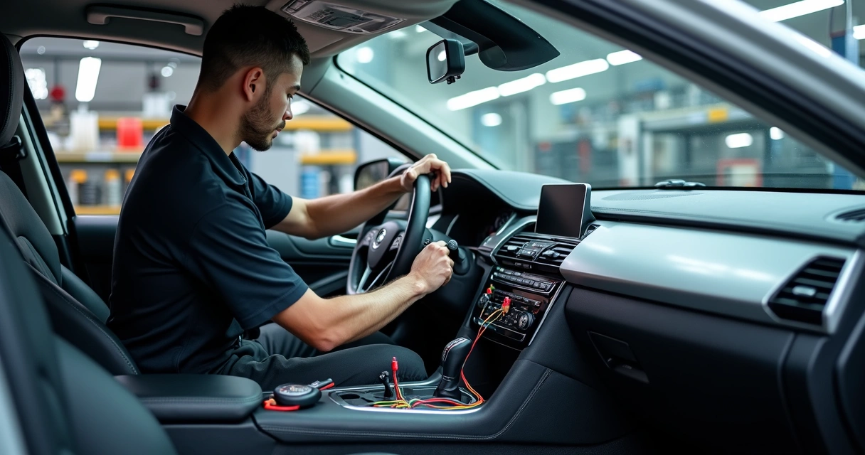 Mecânico instalando acessórios elétricos organizados no painel de um carro moderno 