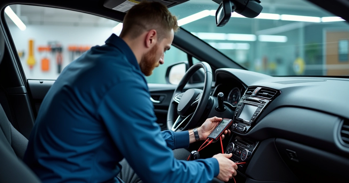 Instalação de alarme automotivo em carro dentro de oficina com técnico especializado trabalhando 
