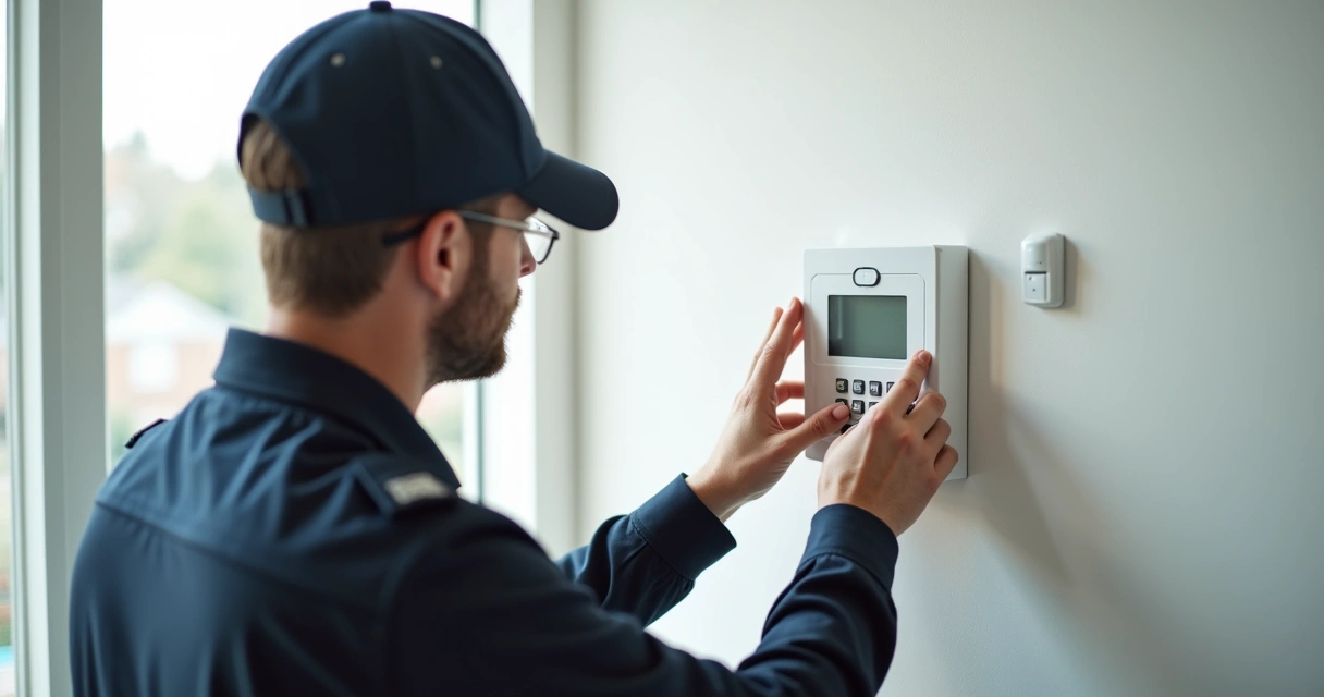 Instalador ajustando central de alarme JFL na parede de casa 