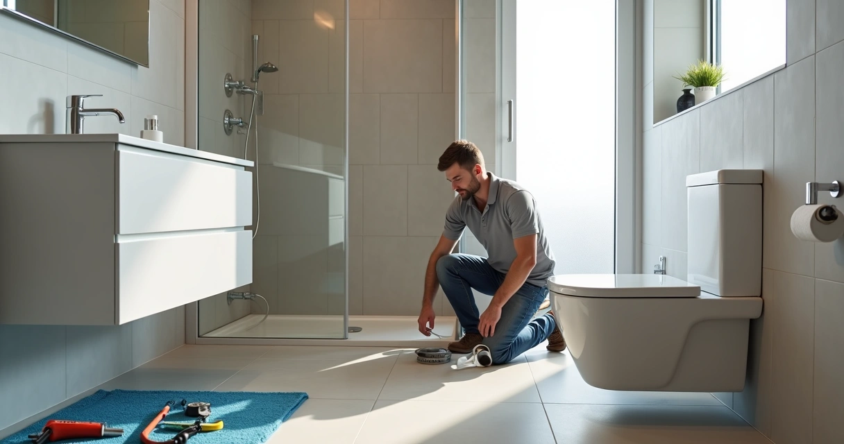 Canalizador a instalar sanita nova com tubos desobstruídos e casa de banho moderna 