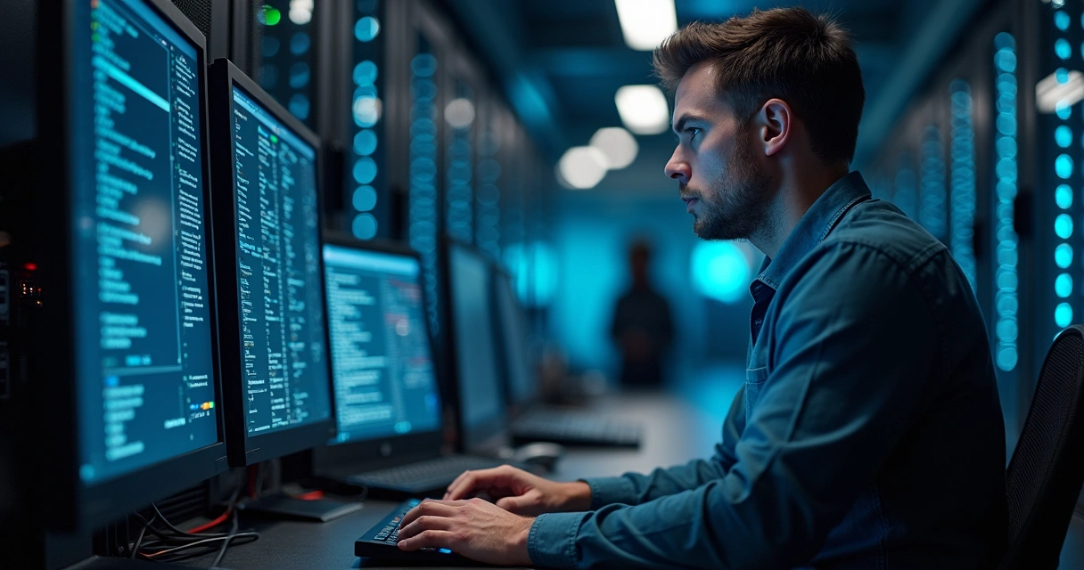 Console Bacula rodando em um servidor, central de dados ao fundo 