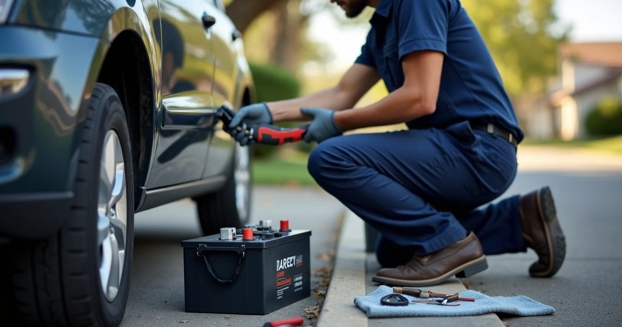 Técnico instalando bateria automotiva no local 