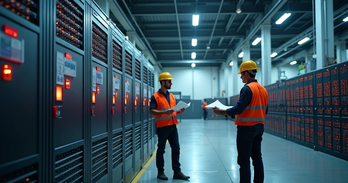 Equipe técnica instalando baterias industriais em ambiente fabril 