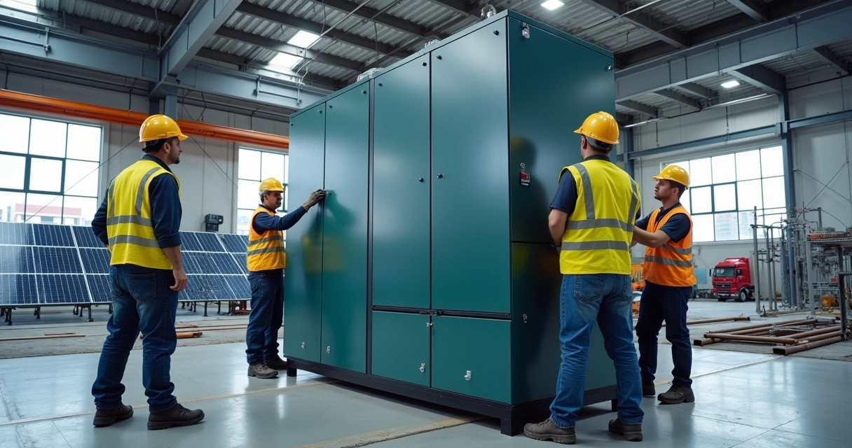Equipe instala sistema de baterias BESS em ambiente industrial com painéis solares