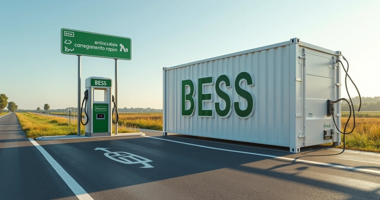 Sistema BESS ao lado de carregador rápido em posto rodoviário, paisagem rural ao fundo 
