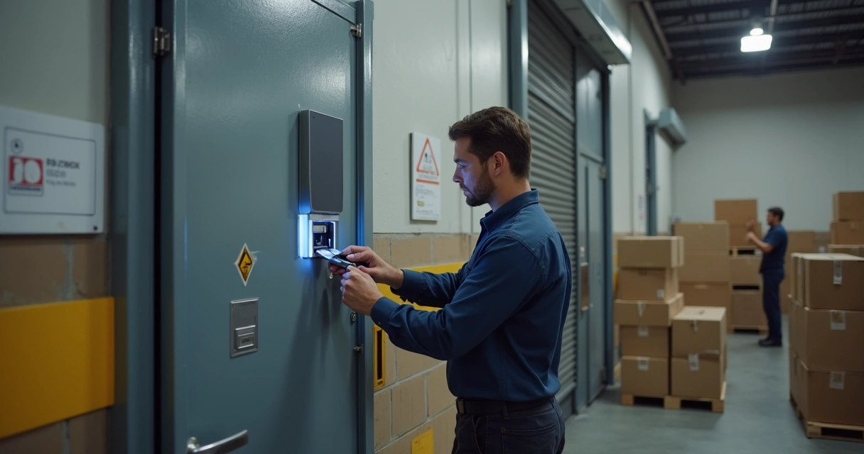 Leitor biométrico instalado em porta de armazém industrial
