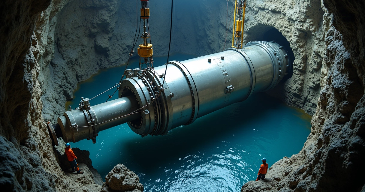 Técnicos instalando bomba submersa industrial em mina 