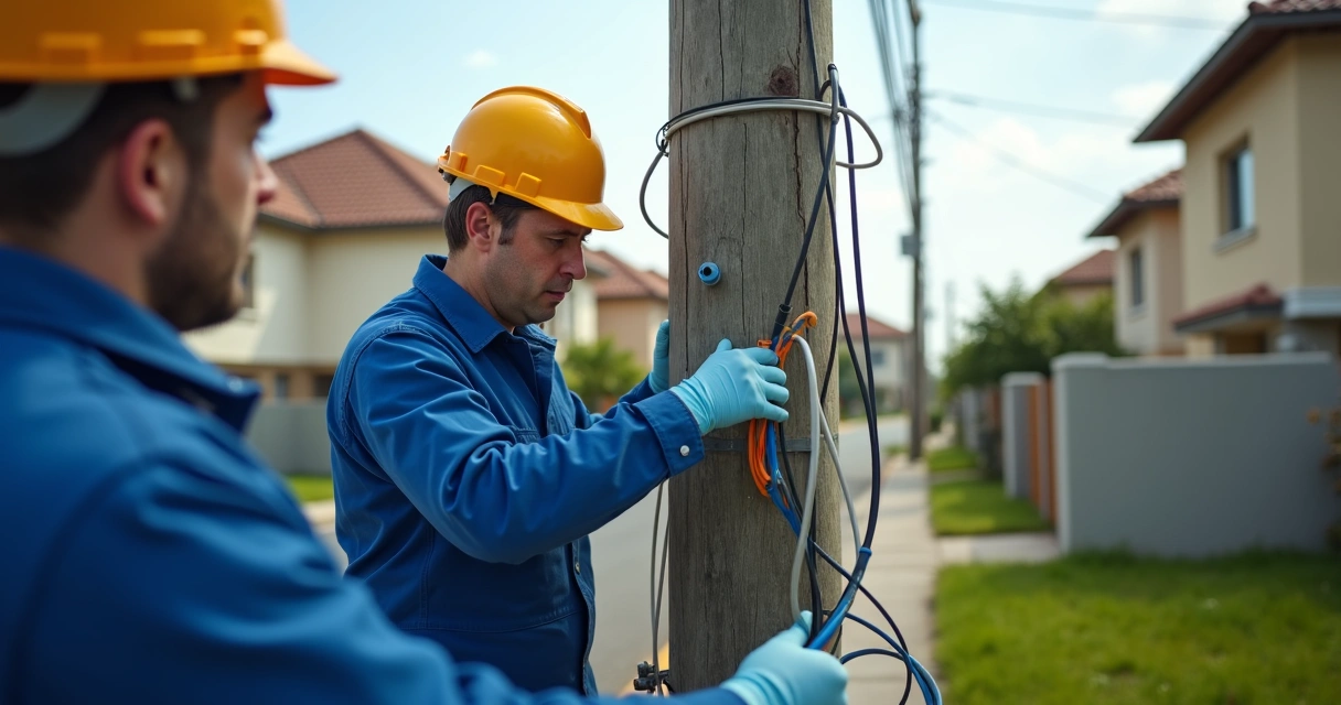 Técnico ajustando cabos de fibra óptica em área residencial 