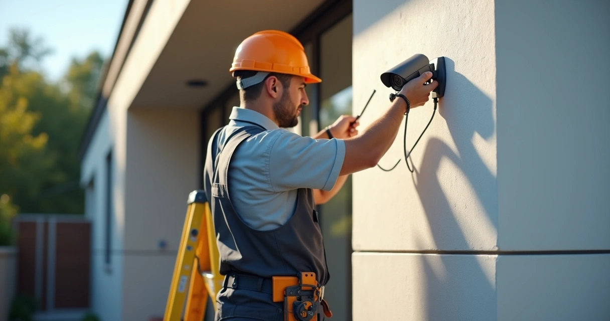 Técnico instalando câmera em parede externa