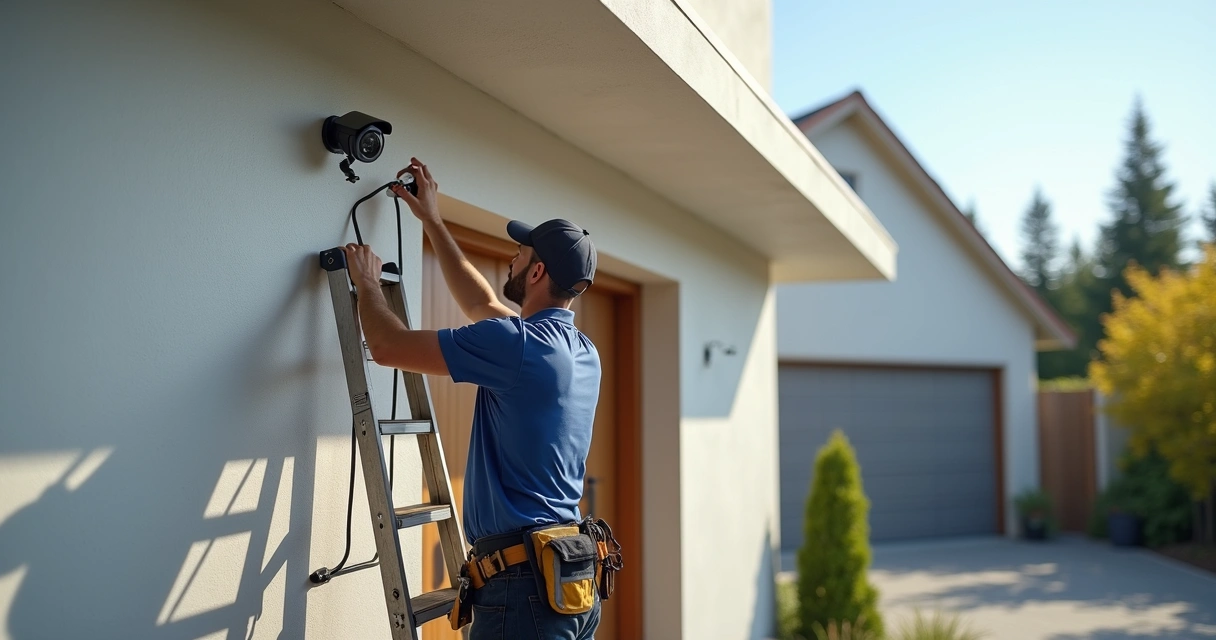 Técnico instalando câmera de segurança em parede externa 