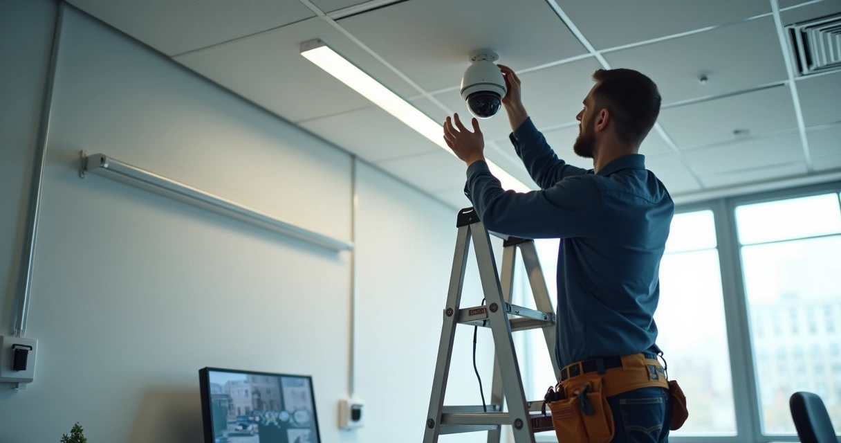 Técnico instalando câmera dome no teto interno