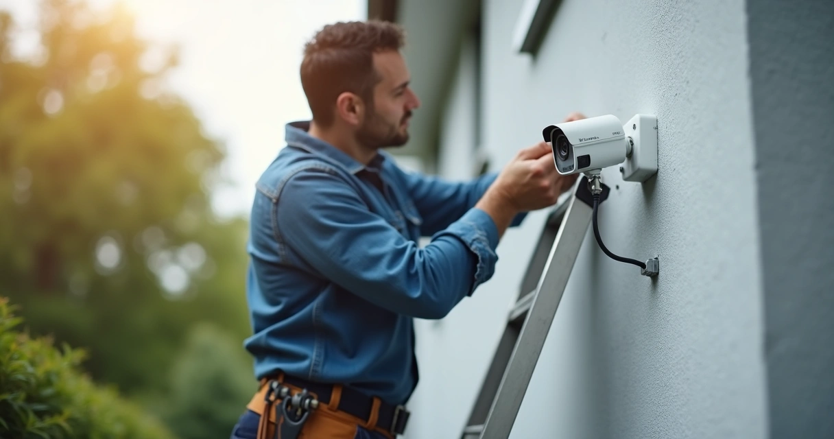 Instalador ajustando câmera de segurança externa em parede 