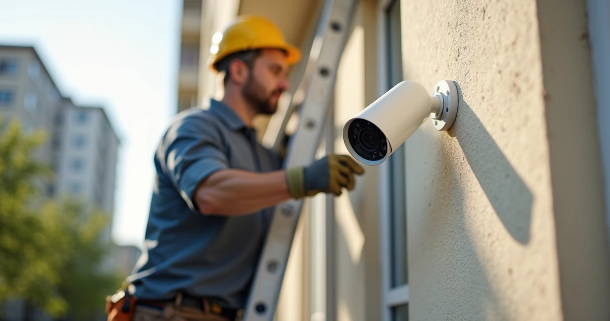 Técnico instalando câmera de segurança externa em fachada 