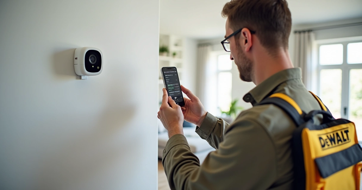 Pessoa instalando câmera Hikvision WiFi em parede branca 