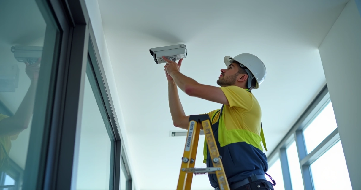 Técnico instalando câmera inteligente em ambiente comercial 