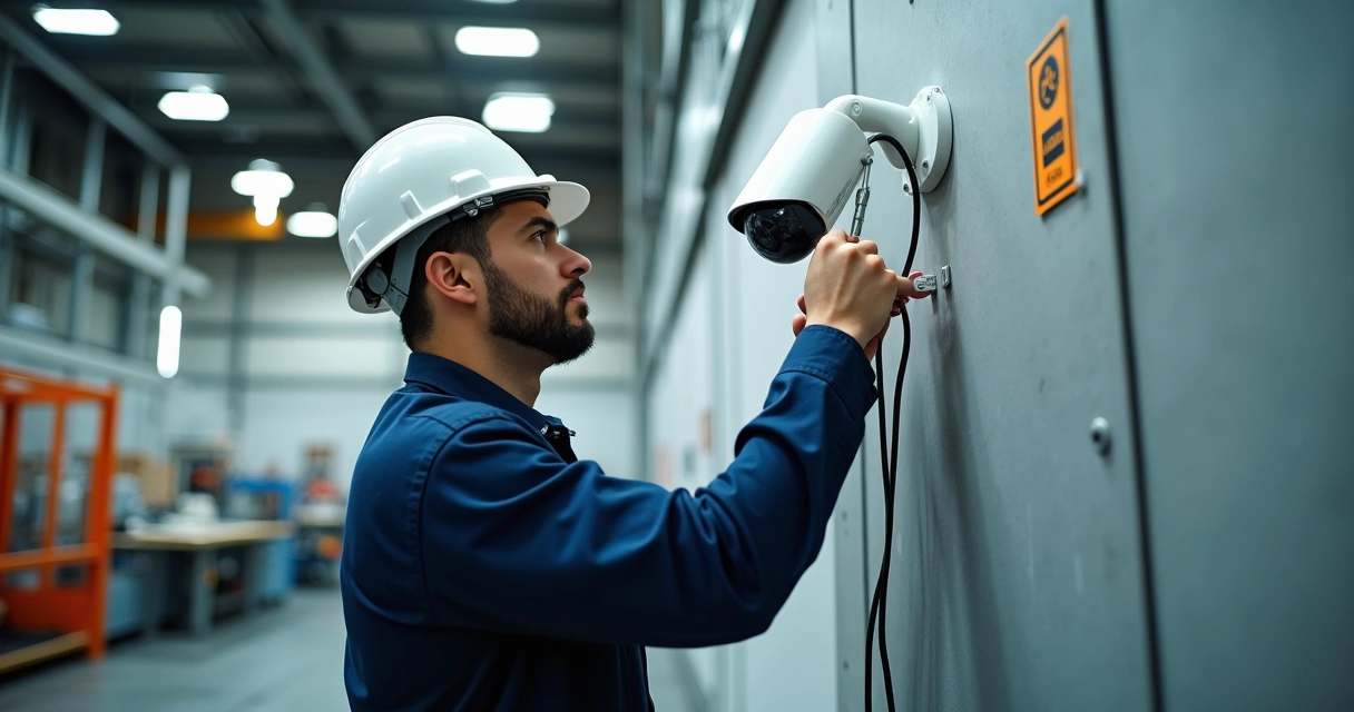 Instalador fazendo a montagem de câmera em ambiente industrial, próximo a maquinário 