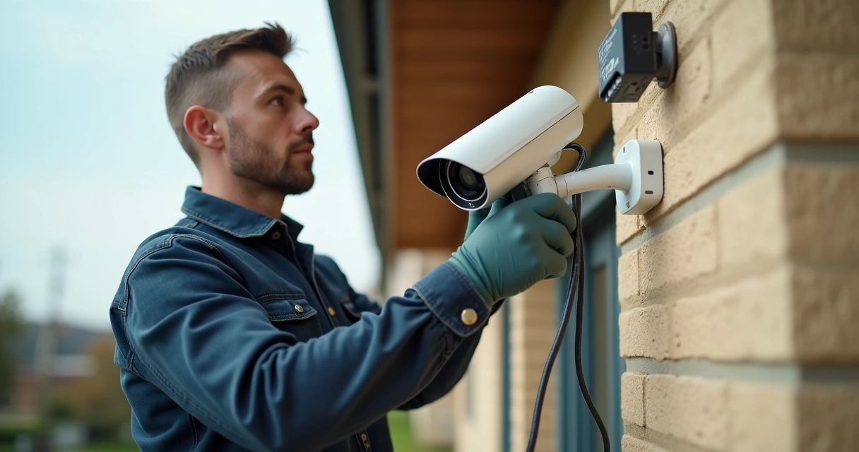Técnico instalando câmera de segurança em parede externa com ferramentas profissionais, cabo de rede visível 