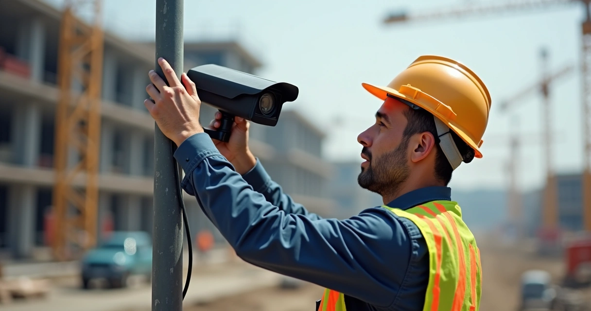 Técnico instalando câmera solar de monitoramento em canteiro 