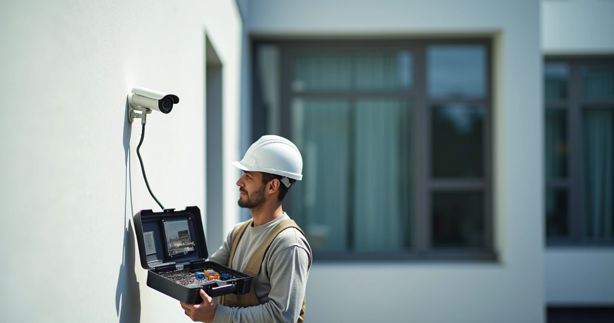 Instalador fixando câmera IP com cabo de rede em parede externa 