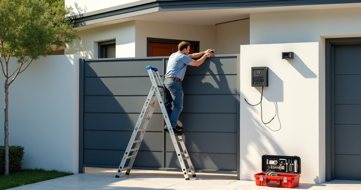 Instalador ajustando câmera perto de portão automático 
