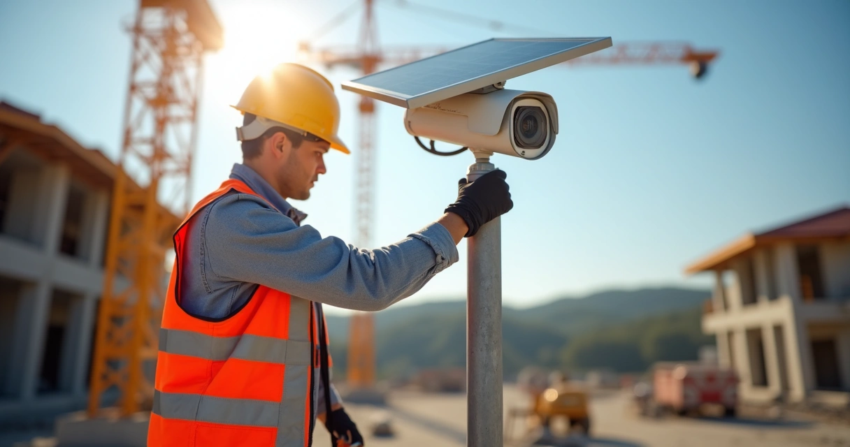 Técnico instalando câmera PTZ solar em poste de obra 