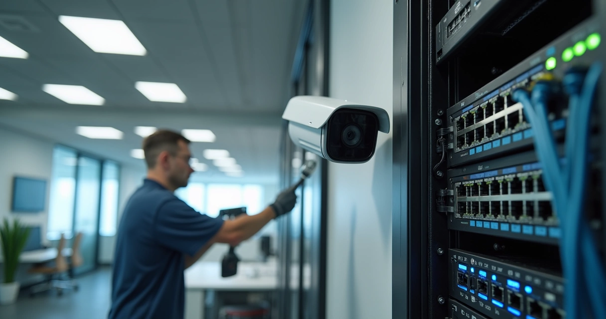 Técnico instalando câmera IP e organizando rack de rede 