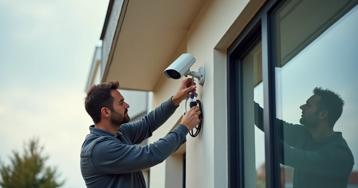 Técnico instala câmera de segurança em casa moderna 