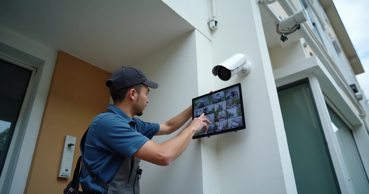 Instalador ajustando câmera de segurança em parede externa
