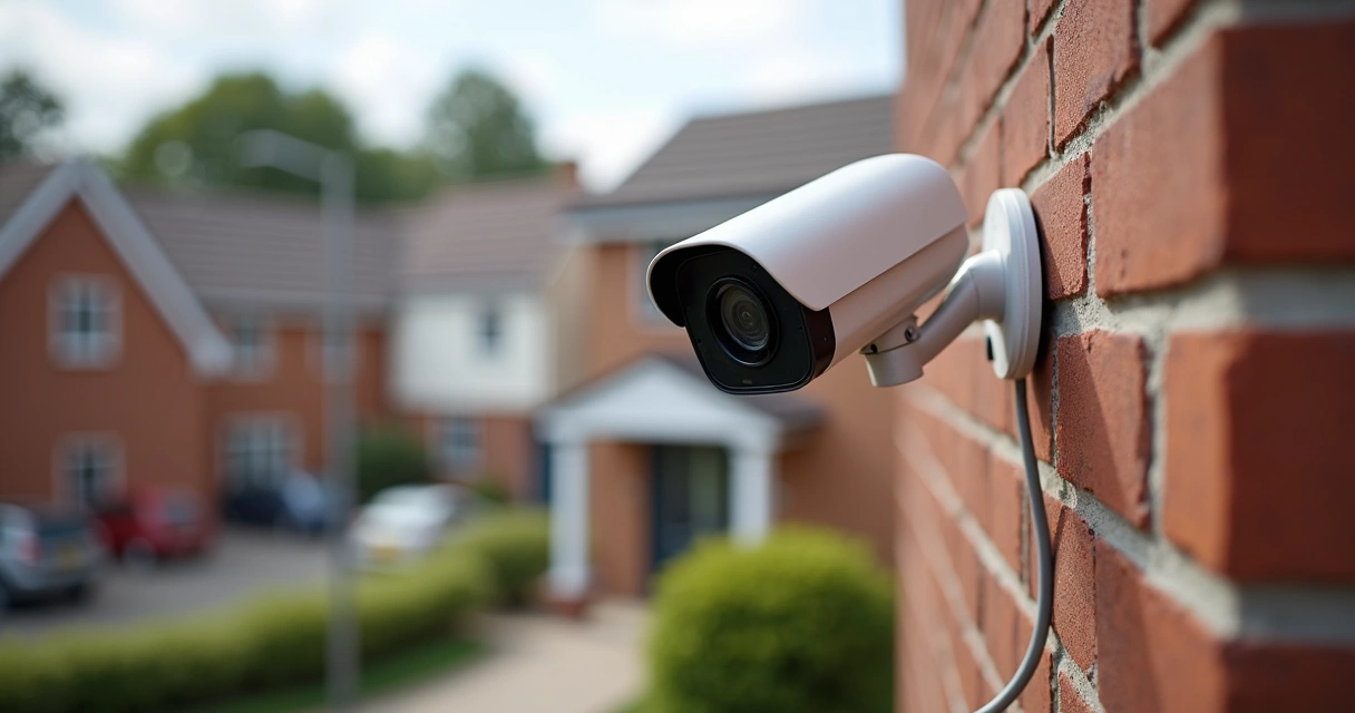 Instalador posicionando câmera de segurança em parede externa 