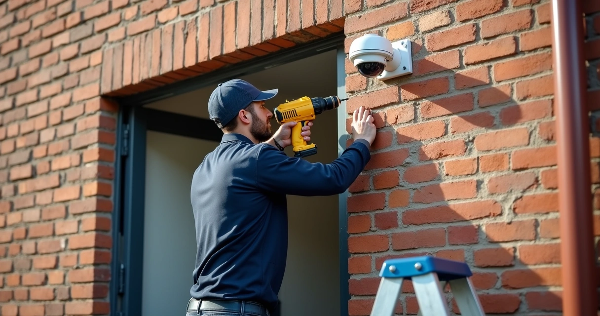 Técnico instalando câmara de segurança em parede externa 