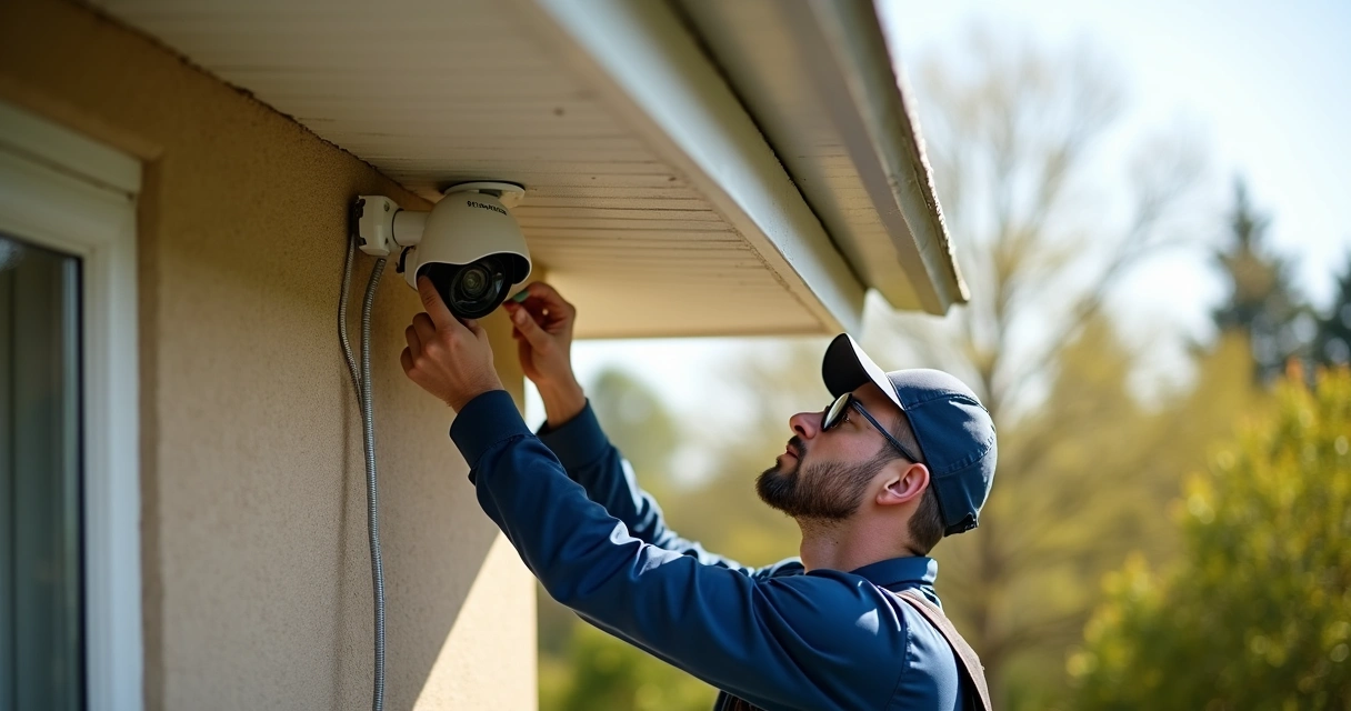 Técnico instalando câmera de segurança em parede externa de residência