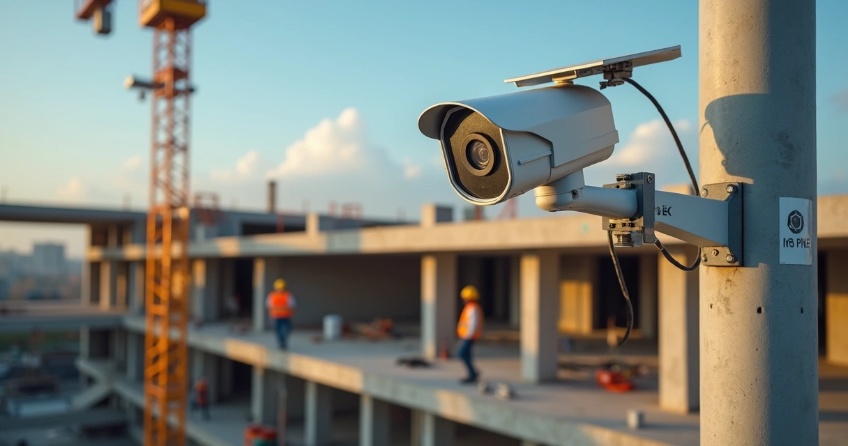 Técnico instalando câmera de segurança em estrutura metálica de obra civil 