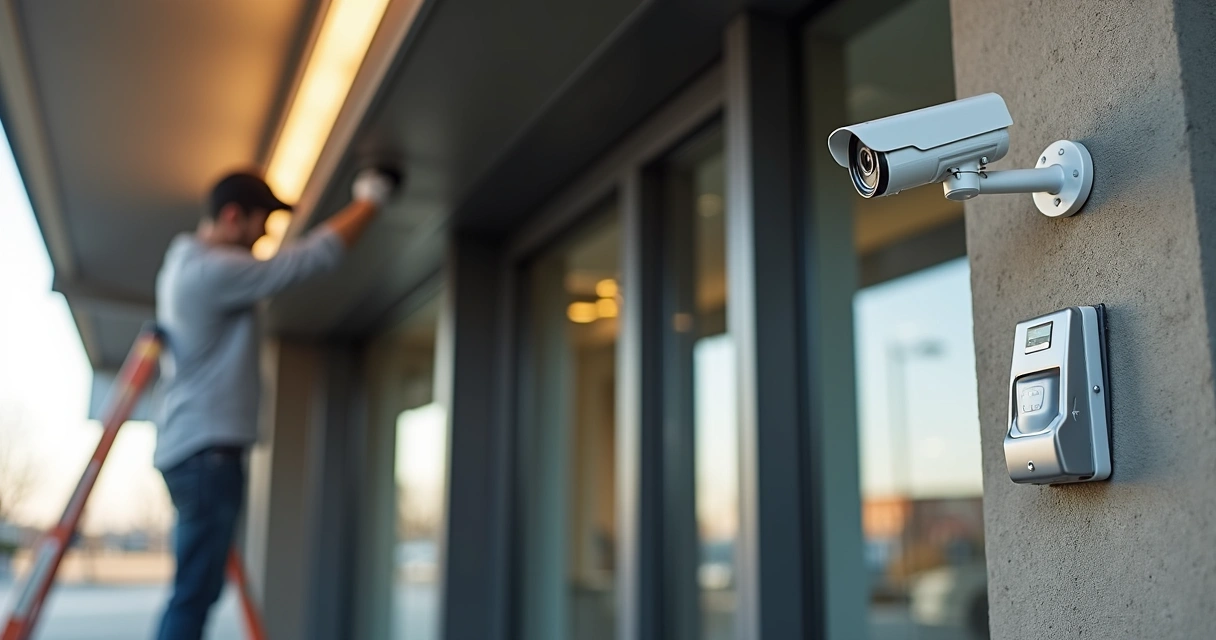 Técnico instalando câmera e sensor em área comercial 