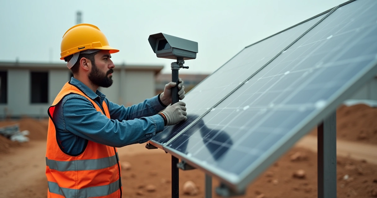 Técnico instalando câmera solar em canteiro de obras 