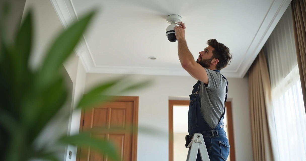 Técnico instalando câmera dome no teto 