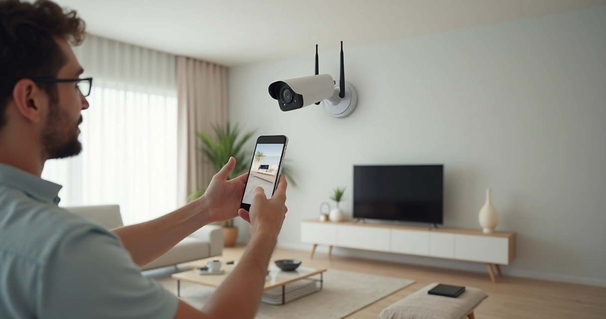 Pessoa instalando câmera Wi-Fi na parede em ambiente doméstico 