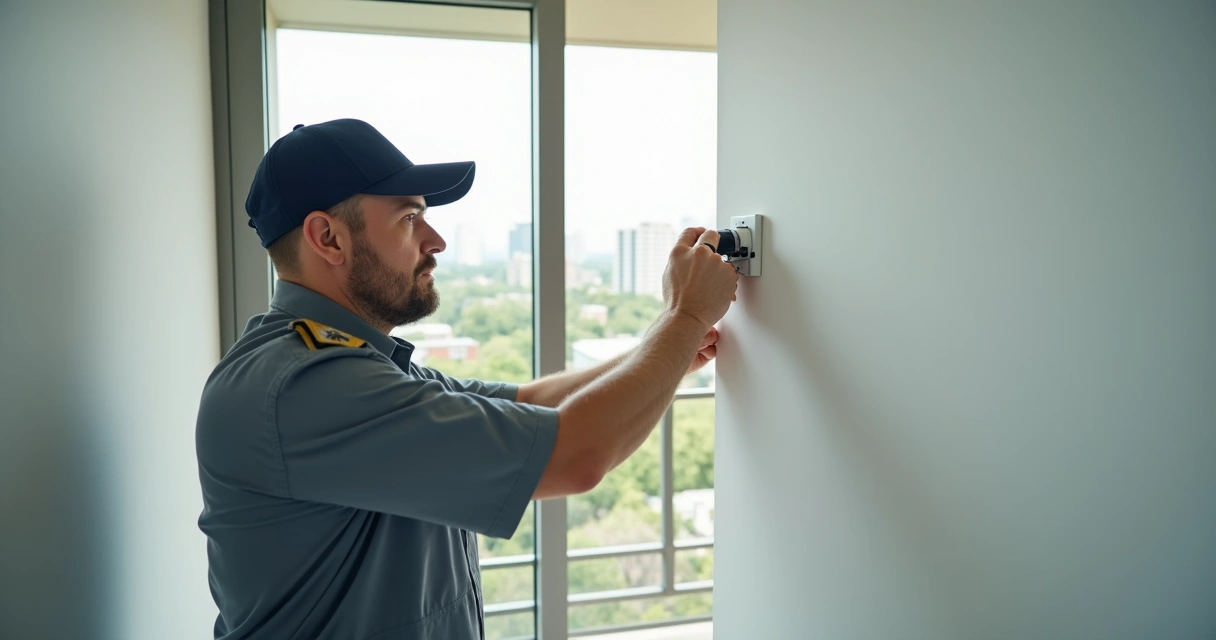 Profissional instalando câmera de segurança Wi-Fi em condomínio 