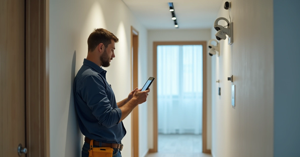 Técnico instalando câmeras Wi-Fi em corredor de condomínio 