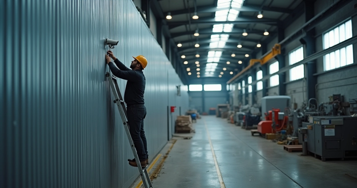 Técnico ajustando câmera de segurança em galpão industrial 