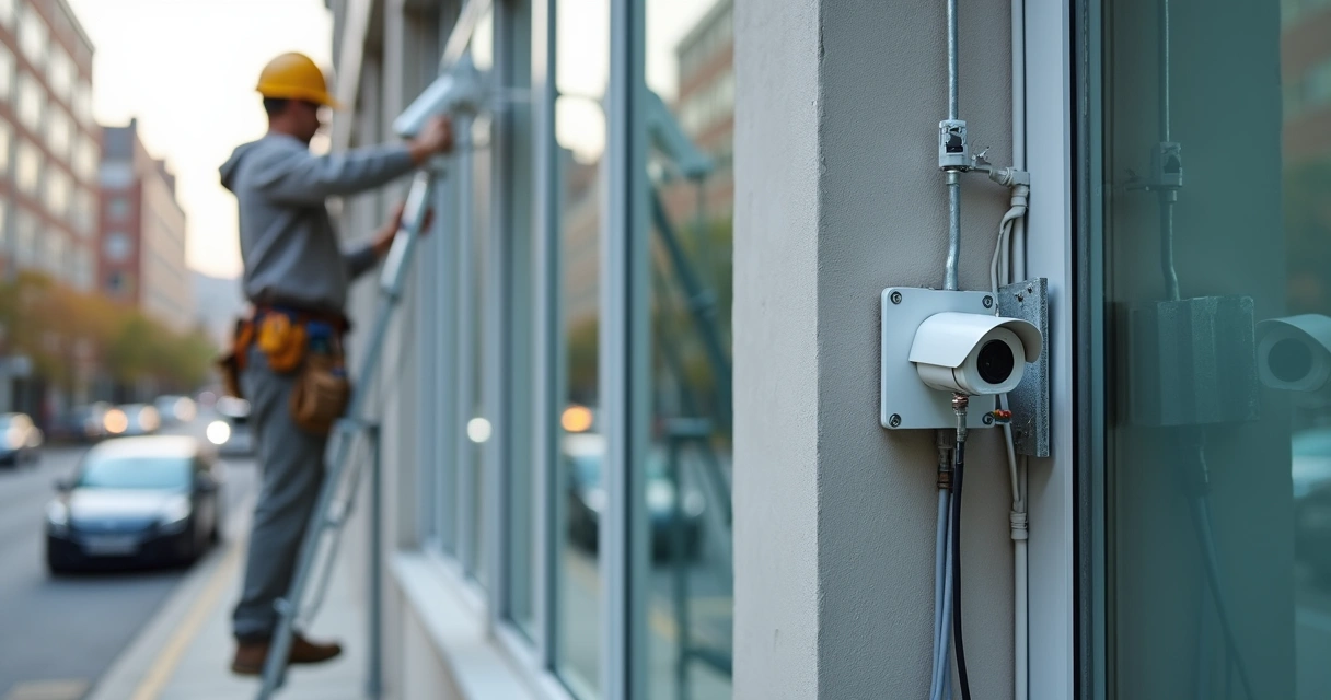 Instalador ajustando câmera IP em fachada com cabos aparentes e laptop ao lado 