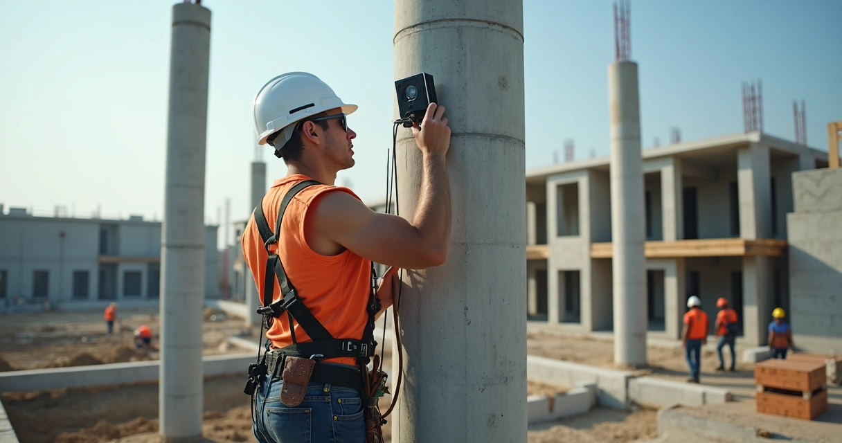 Instalador posicionando câmera time-lapse em obra 