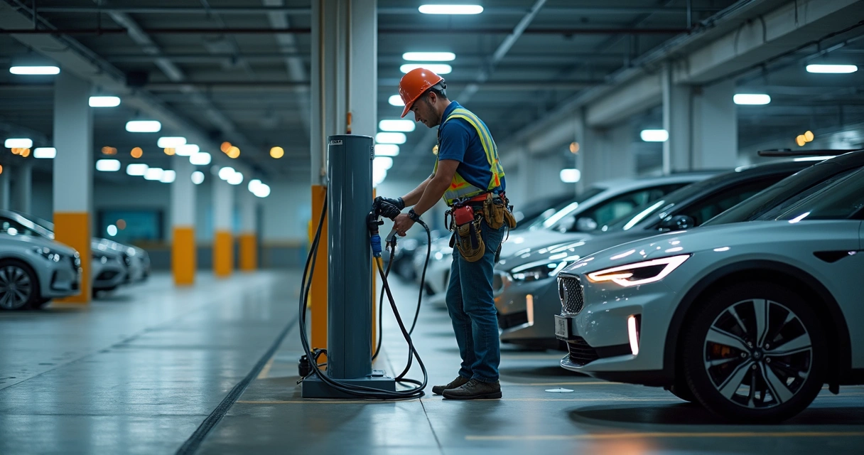 Técnico instalando carregador veicular em estacionamento 