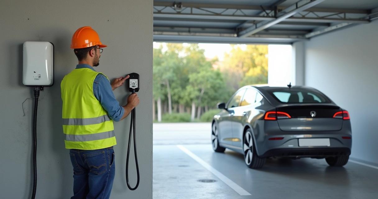 Técnico instalando carregador veicular em parede de garagem 