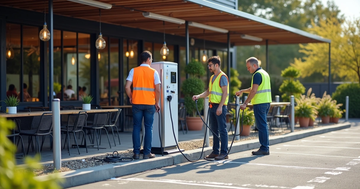Equipe técnica instalando carregador em estacionamento de restaurante 