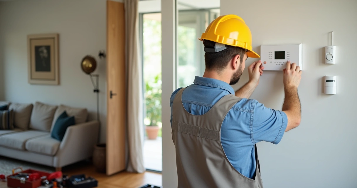 Técnico instalando central de alarme com sensores em uma residência